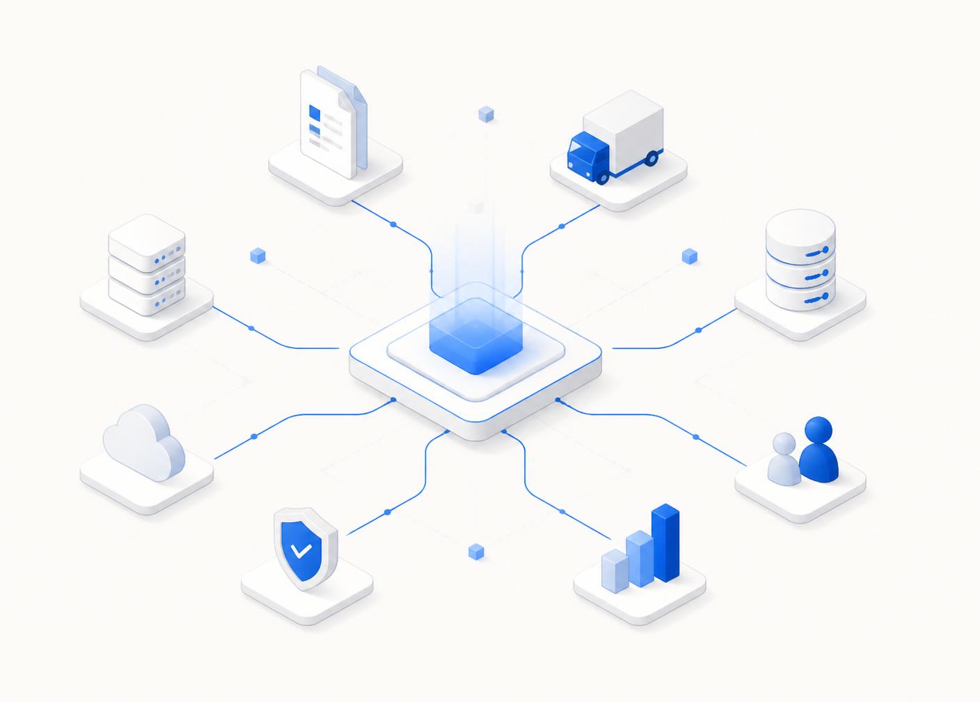 Diagram of a central AI core connecting outward to documents, trucks, databases, people, analytics and security